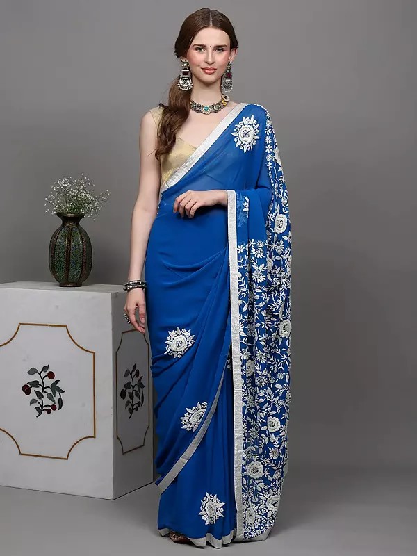 Imperial-Blue Phulkari Saree with Hand Embroidered Flowers from Punjab and Lace Border