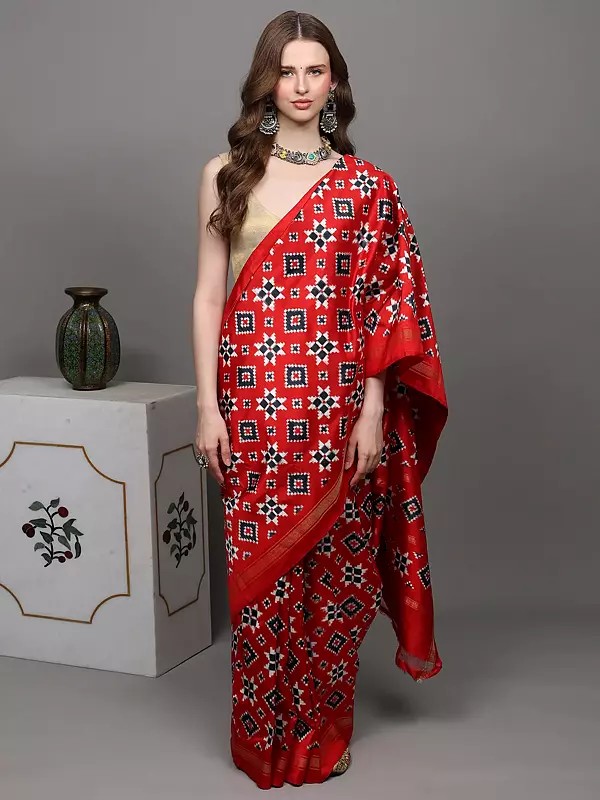 Aurora-Red Authentic Double Ikat Saree Hand-woven in Pochampally Village