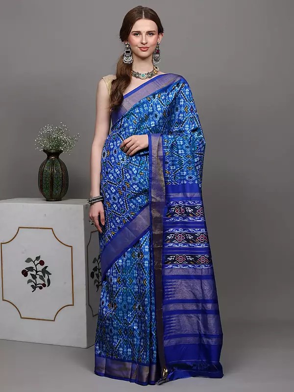 French-Blue Paan Patola Pure Silk Saree Hand-Woven in Pochampally Village