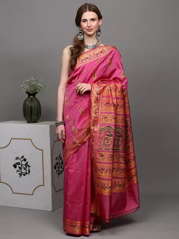 Moonlite-Mauve Pure Silk Baluchari Saree with Hand-Woven Dancing Apsaras on Aanchal