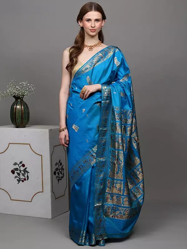 Swedish-Blue Pure Silk Baluchari Saree from Bengal Depicting Mythological Episodes