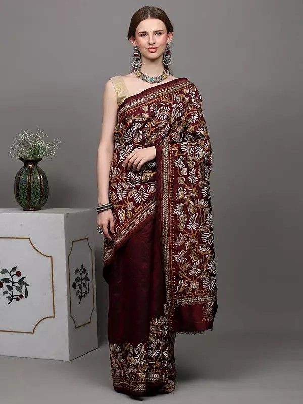 Oxblood-Brown Kantha Saree from Kolkata with Hand Embroidered Paisleys and Foliage