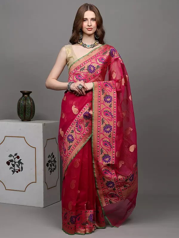 Lilac-Rose Banarasi Saree with Golden Thread Woven Paisleys and Wide Border
