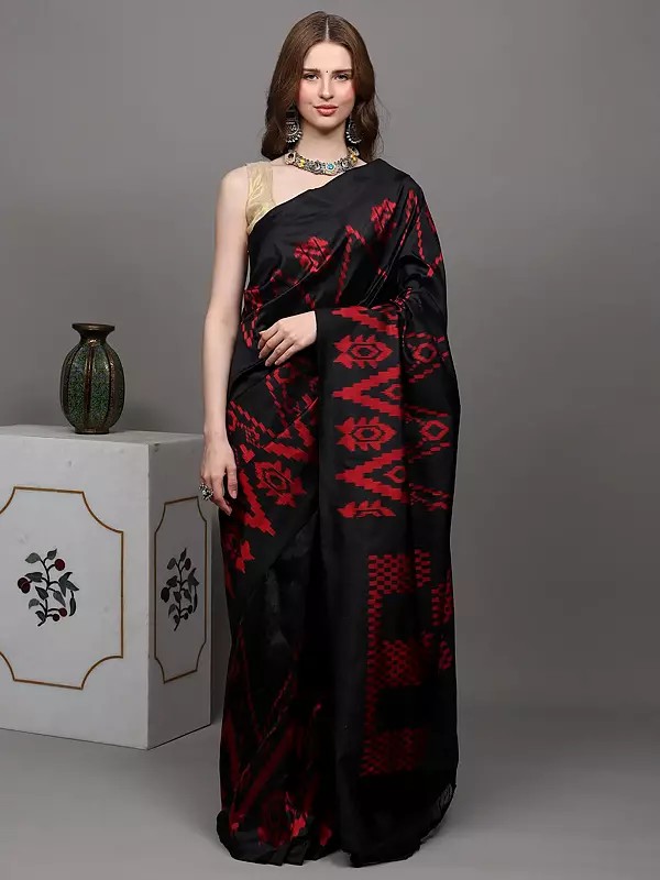 Jet-Black Pure Silk Handloom Saree from Pochampally with Single Ikat Weave