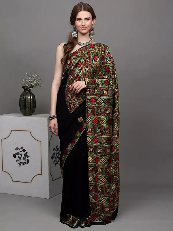 Jet-Black Phulkari Saree from Punjab with Multicolor Thread Hand-Embroidery on Aanchal and Border
