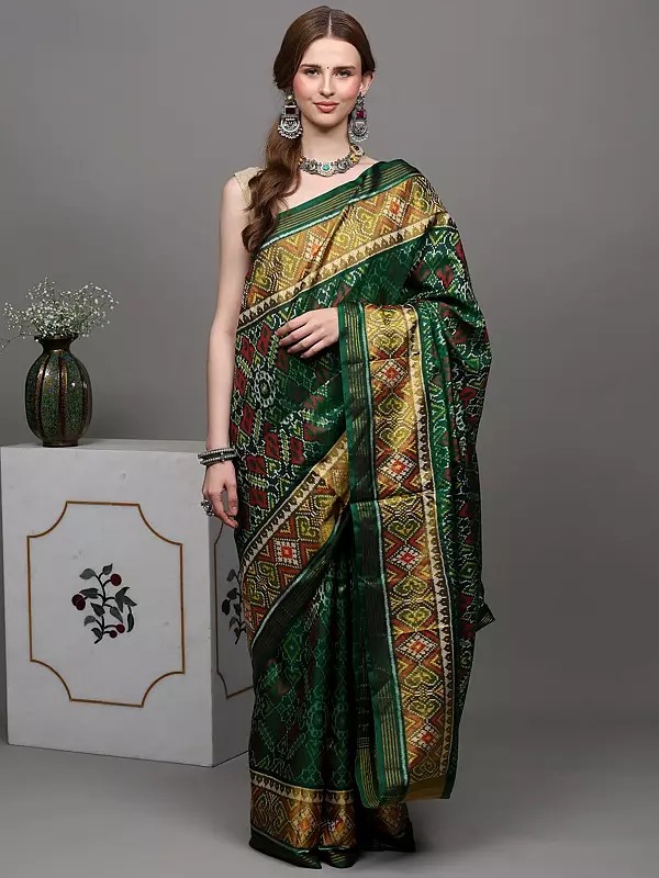 Foliage-Green Pure Silk Paan Patola Handloom Saree from Patan with Ikat Weave