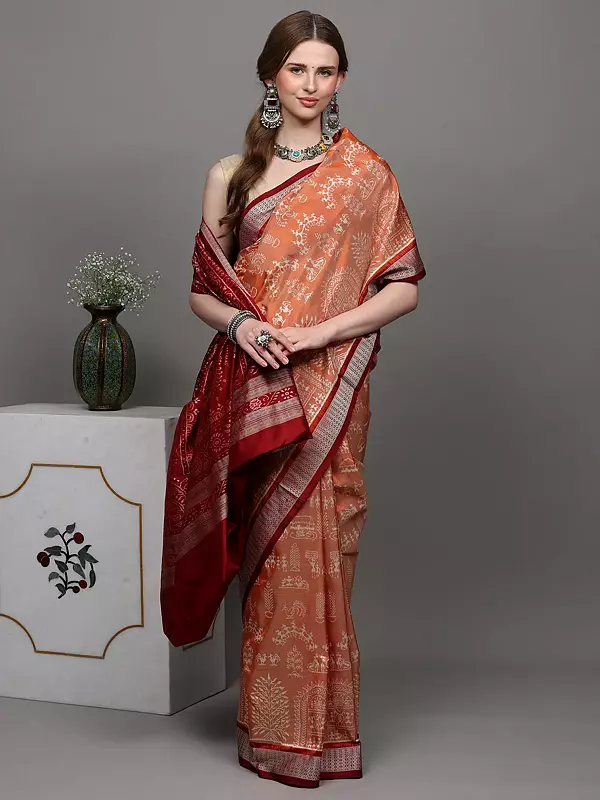 Coral-Sand Pure Silk Bomkai Saree from Orissa with Woven Warli folk Motifs and Maroon Contrast Border-Anchal