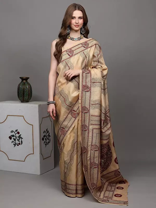 Almond-Buff Saree from Kolkata with Kantha Hand-Embroidered Paisleys and Giant Mandala