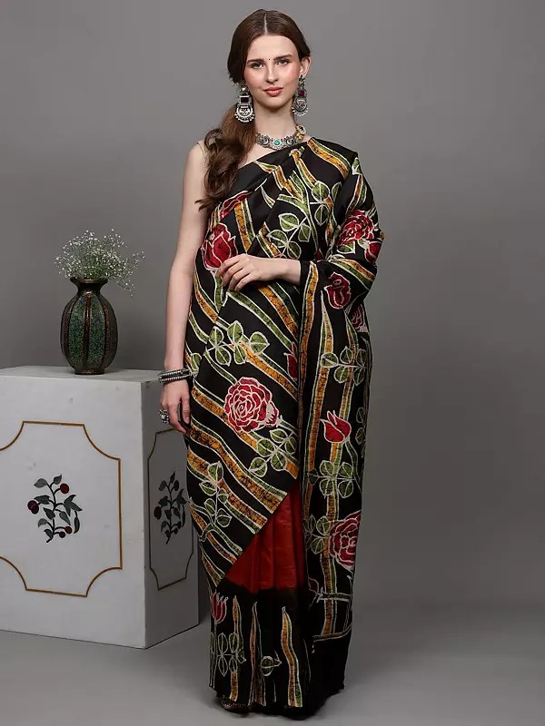 Caramel and Black Handloom Batik Saree from Madhya Pradesh with Printed Roses