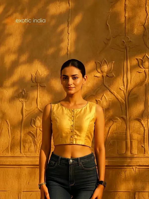 Pale-Gold Designer Choli from Jodhpur with Tajmahal on the Back Embroidered with Zari and Beads