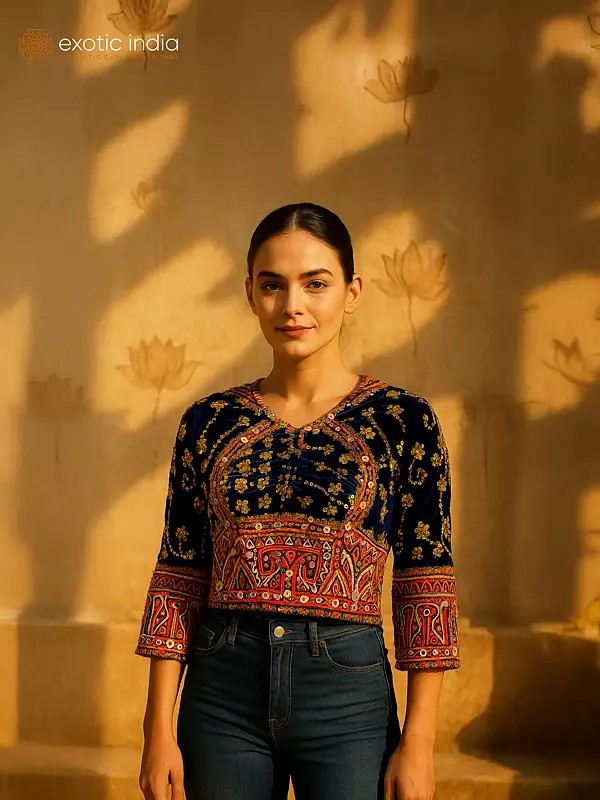 Bellwether-Blue Backless Choli from Kutch with Embroidered Sequins and Mirrors