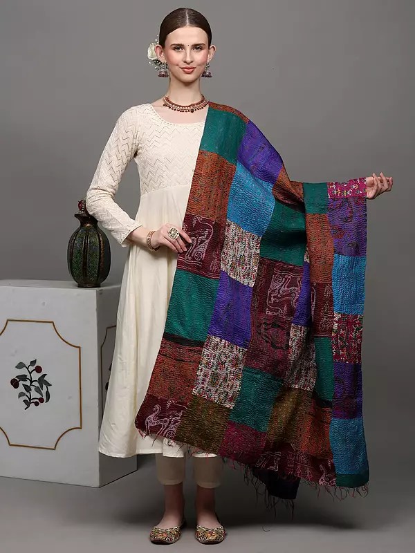 Multi-Color Patchwork Reversible Shawl from Kolkata with Kantha Stitch Embroidery All-Over