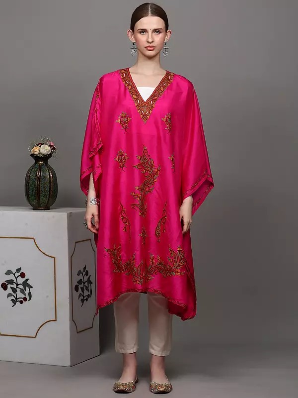 Fuchsia Kashmiri Short Kaftan with Crewel Embroidered Paisleys by Hand