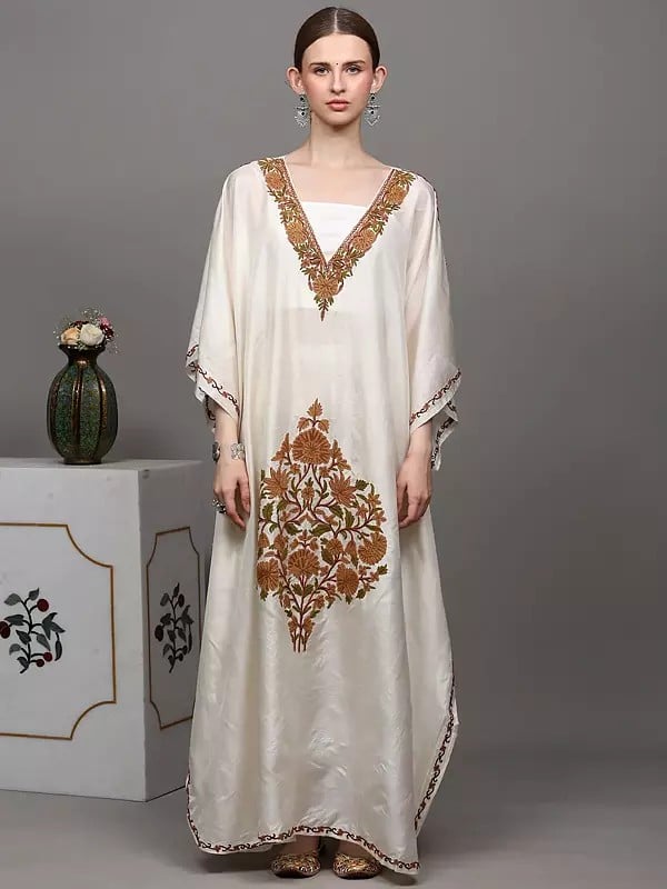 Ivory Long Kaftan from Kashmir with Aari Hand-Embroidered Flowers