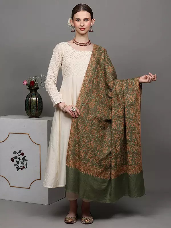Mineral-Green Pure Pashmina Shawl from Kashmir with All-Over Sozni Embroidered Paisleys by Hand