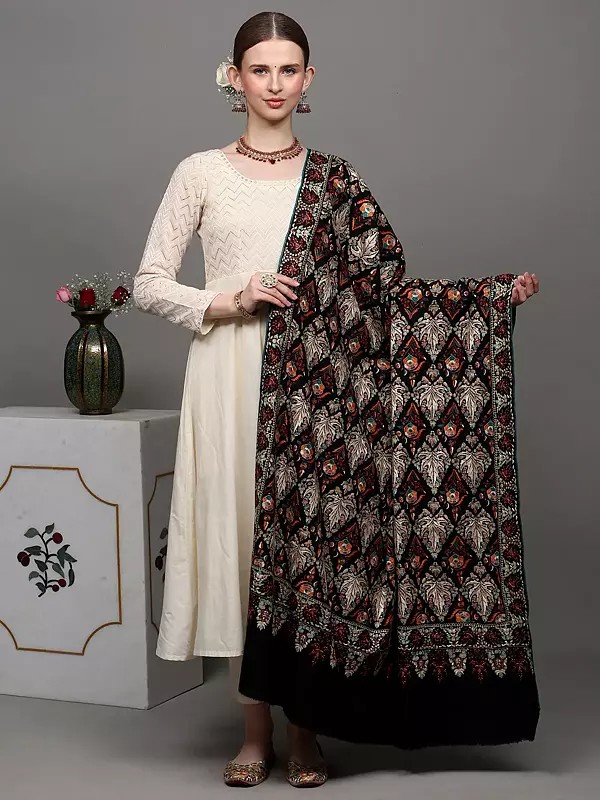 Jet-Black Pure Pashmina Shawl from Kashmir with Sozni Embroidered Chinar Leaves All-Over | Takes around 1 year to complete | Handwoven