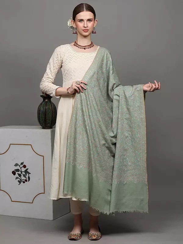 Nile-Green Pure Pashmina Handloom Shawl from Kashmir with Sozni Embroidered Flowers and Paisleys