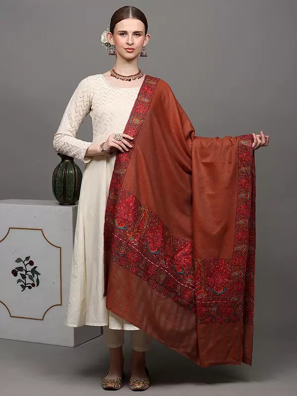 Aragon Plain Pure Pashmina Handloom Shawl from Kashmir with Intricate Sozni Embroidered Paisleys on Border