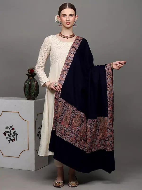 Midnight-Blue Pure Hand-woven Pashmina Shawl from Kashmir with Sozni Embroidery