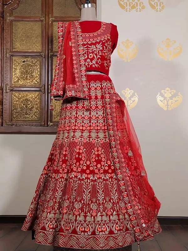 Velvet Cord Embroidery With Beads & Stones Work Bridal Lehenga Choli And Net Tassels Dupatta