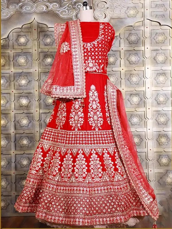 Velvet Thread, Zari And Cord Embroidery Work Bridal Lehenga Choli And Net Tassels Dupatta