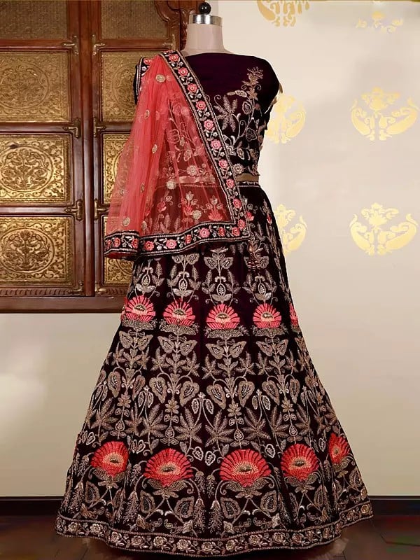 Velvet Cord Embroidery With Beads & Stones Work Bridal Lehenga Choli And Net Tassels Dupatta