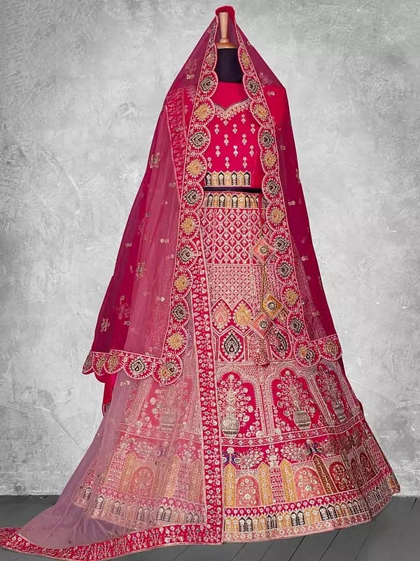 Velvet Cord Embroidery With Beads & Stones Work Bridal Lehenga Choli And Net Dupatta