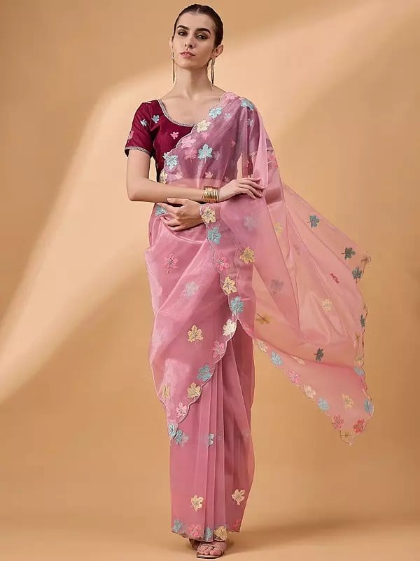 Net Floral Embroidered Designer Party Wear Saree With Blouse