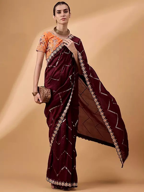 Chinon Embellished Embroidered Border Designer Saree With Blouse