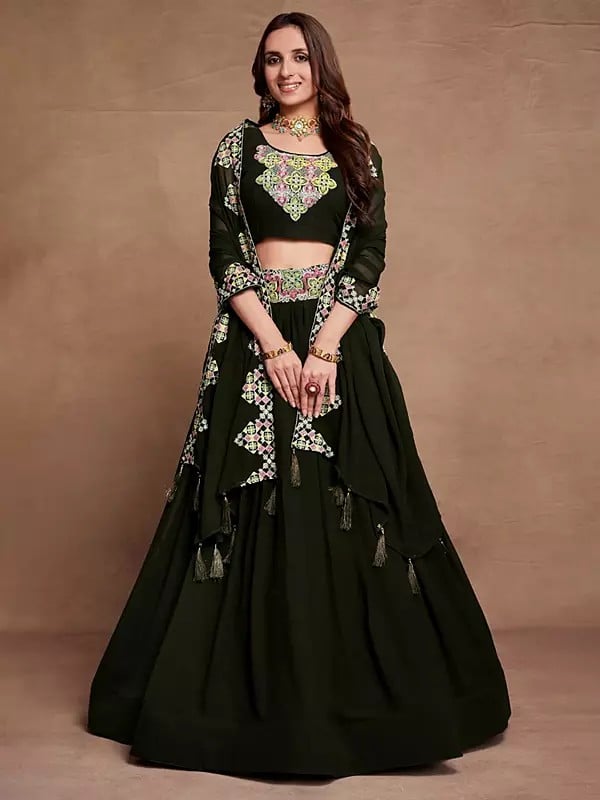 Rifle-Green Georgette Thread & Sequins Embroidery Work Designe Party Wear Lehenga Choli And Tassels Dupatta