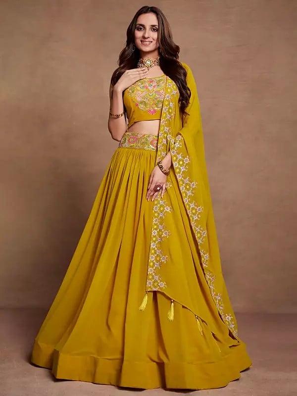 Selective-Yellow Georgette Thread & Sequins Embroidery Work Party Wear Lehenga Choli And Tassels Dupatta