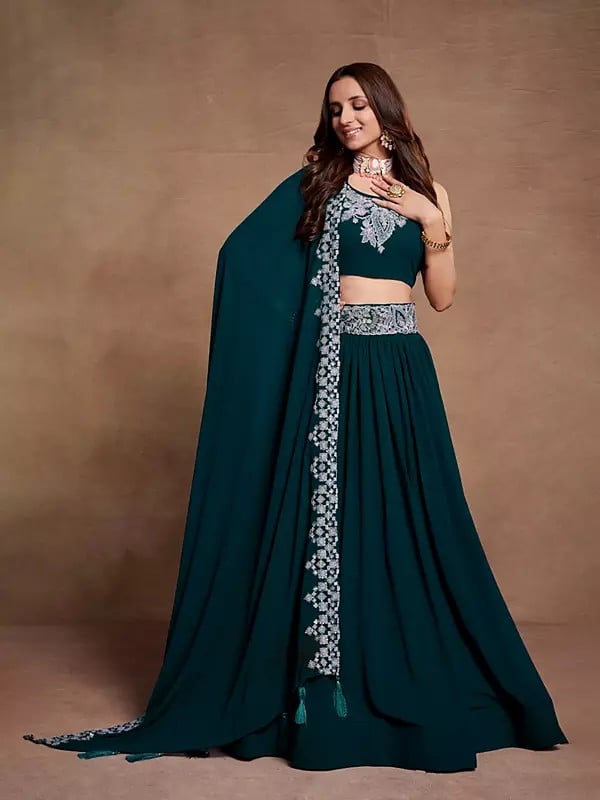 Deep-Teal Georgette Thread & Sequins Embroidery Work Designe Party Wear Lehenga Choli & Dupatta