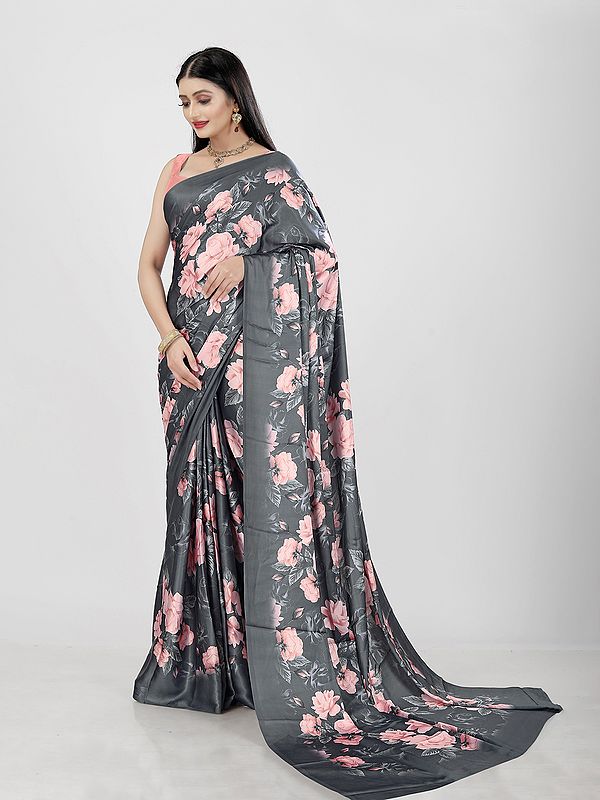 Pure Japan Satin Floral Digital Print Designer Saree With Blouse For Casual Occasion