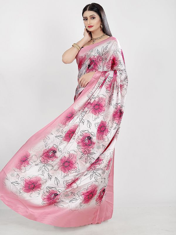 Pure Japan Satin Flower And Leaf Digital Print Designer Saree For Casual Occasion