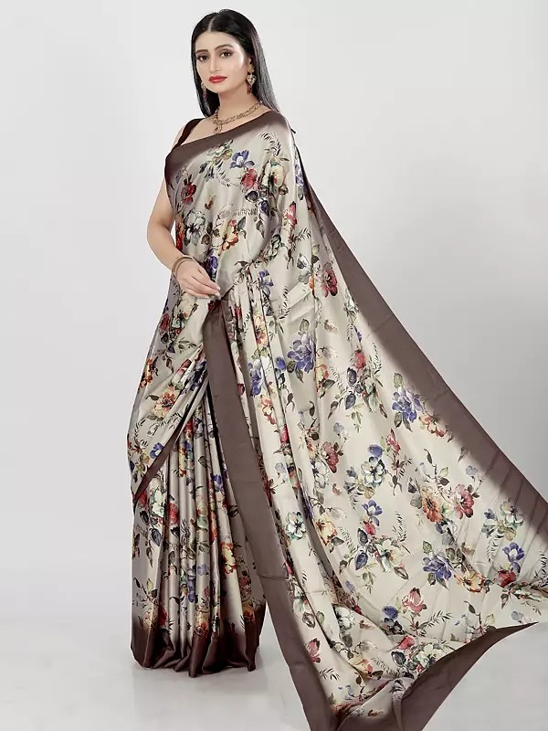 Satin Flower And Leaf Digital Print Designer Saree With Blouse For Casual Occasion