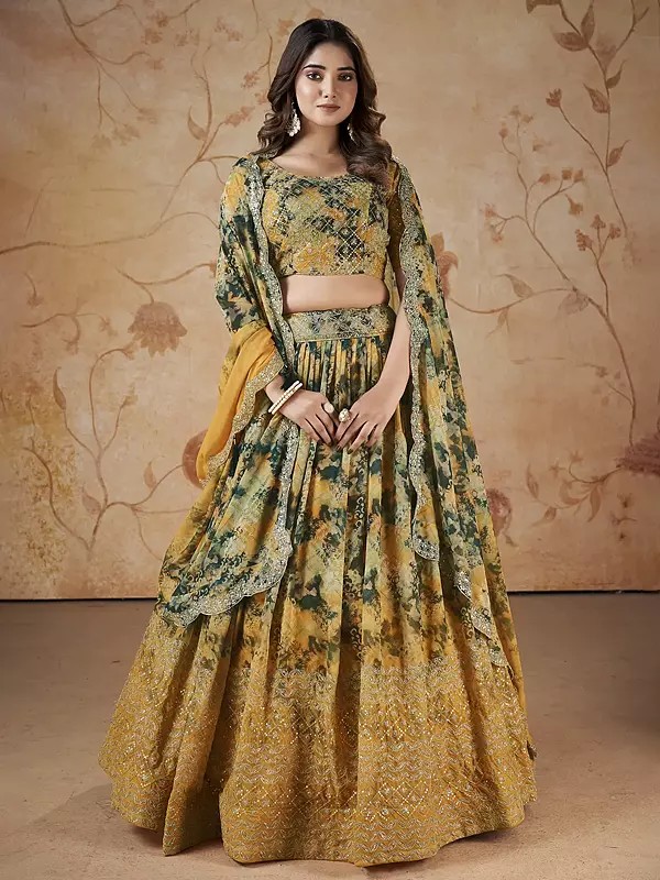 Indian-Yellow Faux Georgette Digital Print Zari & Sequins Embroidery Work Party Wear Lehenga Choli & Tassels Dupatta