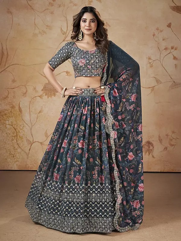 Faux Georgette Floral Digital Print Zari & Sequins Embroidery Work Lehenga Choli & Dupatta