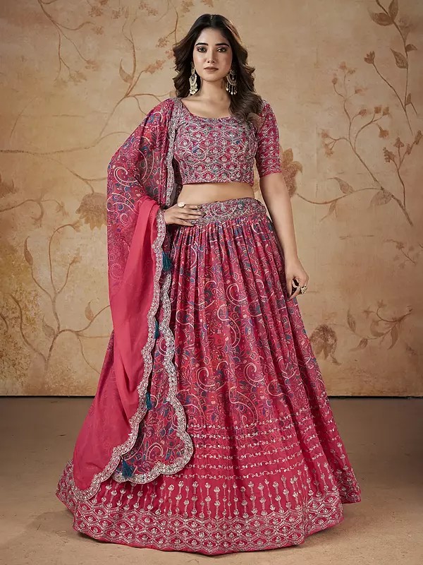 Pink-Red Faux Georgette Digital Print Zari & Sequins Embroidery Work Lehenga Choli & Tassels Dupatta