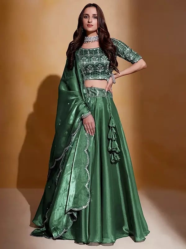 Spring-Leaves Organza Thread & Sequins Embroidery Work & Tassels Designer Party Wear Lehenga Choli