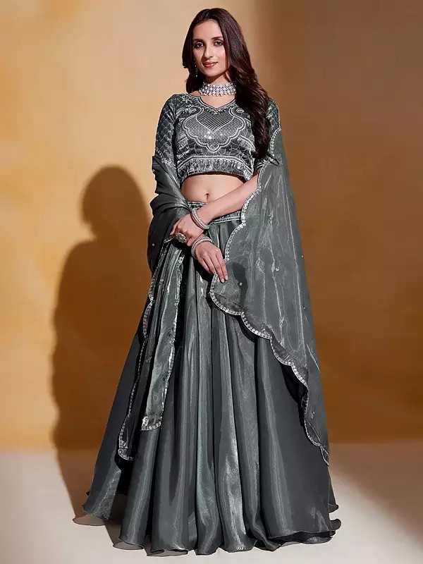 Battleship-Grey Organza Thread & Sequins Embroidery Work & Tassels Designer Lehenga Choli