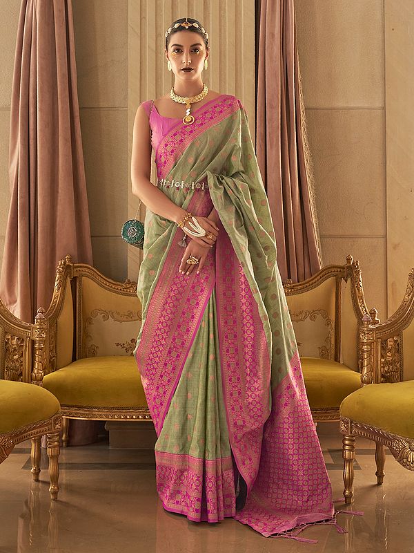 Bamboo Copper Zari Handloom Weaving Work Designer Silk Saree With Blouse & Tassels Pallu For Party Occasion