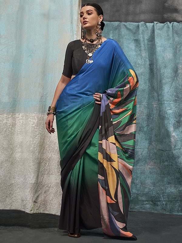 Dual Shade Digital Printed Pure Silk Crepe Saree With Abstract Pallu