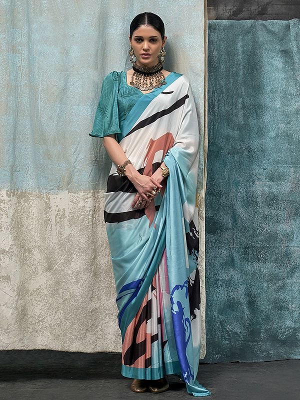 Multi Colored Abstract Digital Print Silk Crepe Saree For Women's