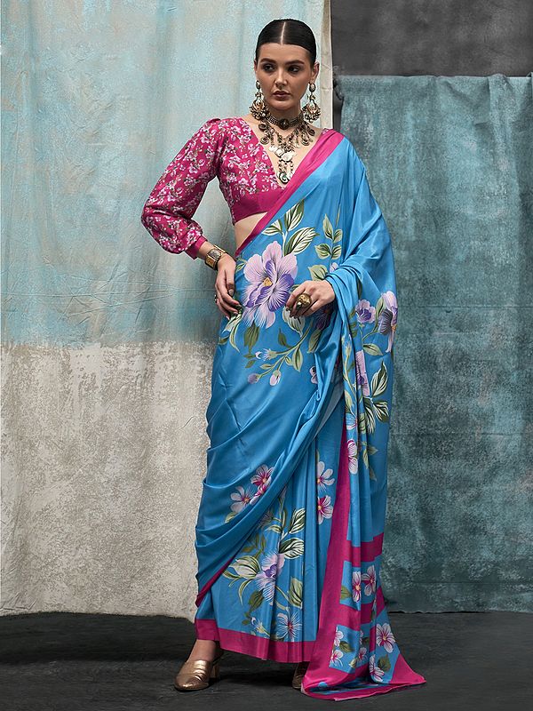 Azure-Blue Big Floral Pattern Digital Printed Silk Crepe Saree For Women's