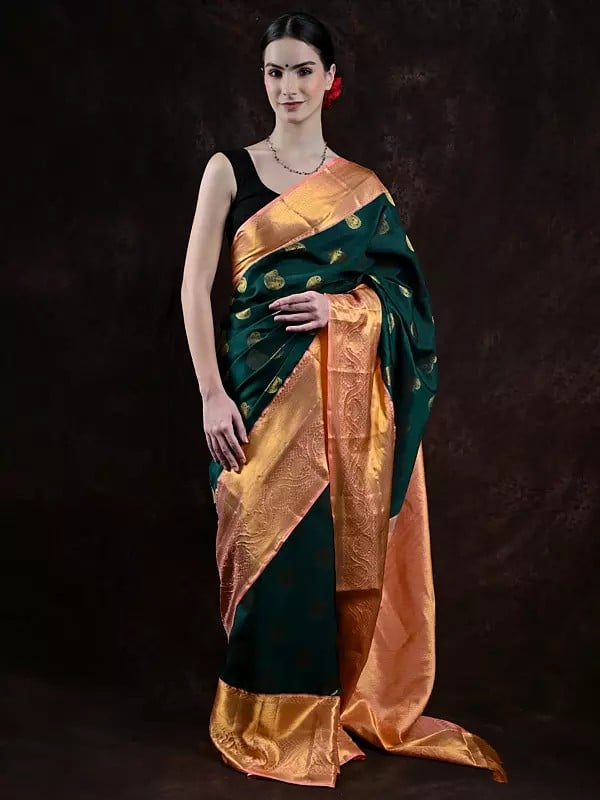 Bistro-Green Pure Silk Kanjivaram Saree from Bangalore with Zari Woven Peacock Paisley Bootis and Floral Border