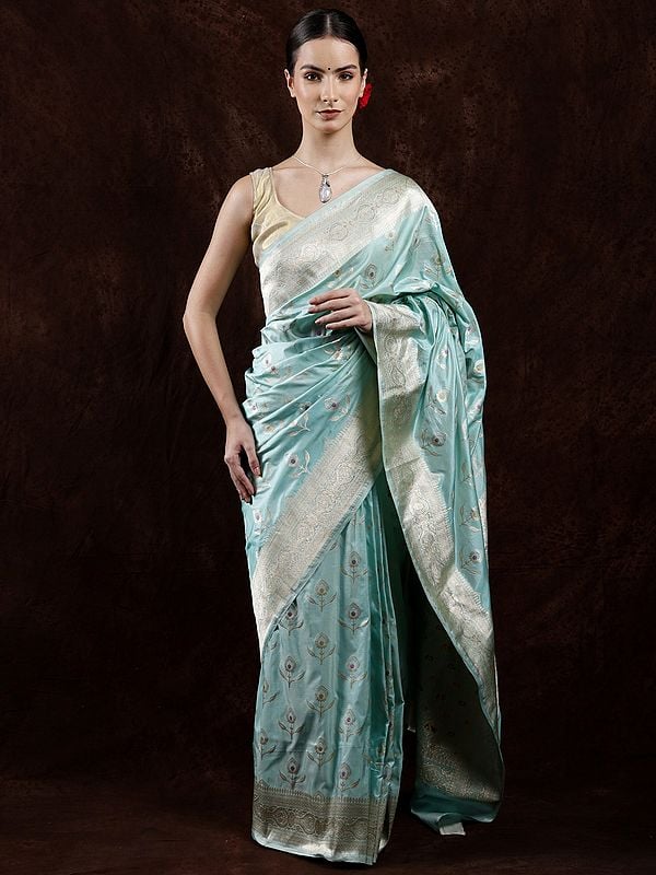 Beach-Glass Pure Silk Banarasi Saree with Zari Brocaded Floral Butta and Paisley Border