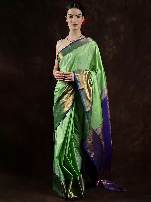 Pastel-Green Kanjivaram Saree from Bangalore with Zari Woven Stripes and Wide Border