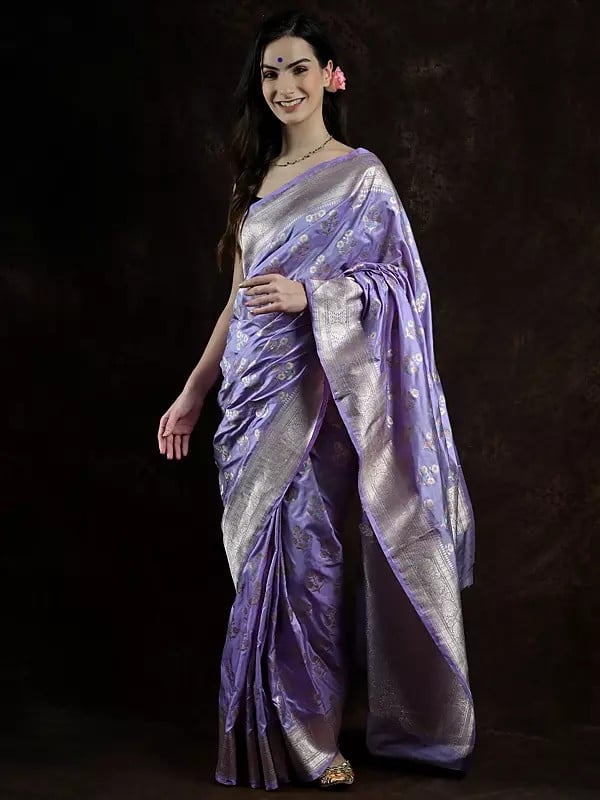 Purple-Rose Pure Silk Meena Butta Banarasi Saree with All-Over Zari Weave and Floral Border