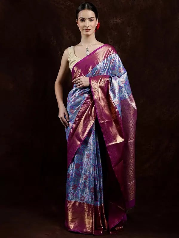 Horizon-Blue Multi Thread Vine Kanjivaram Saree with Zari Woven Peacocks and Flowers Border