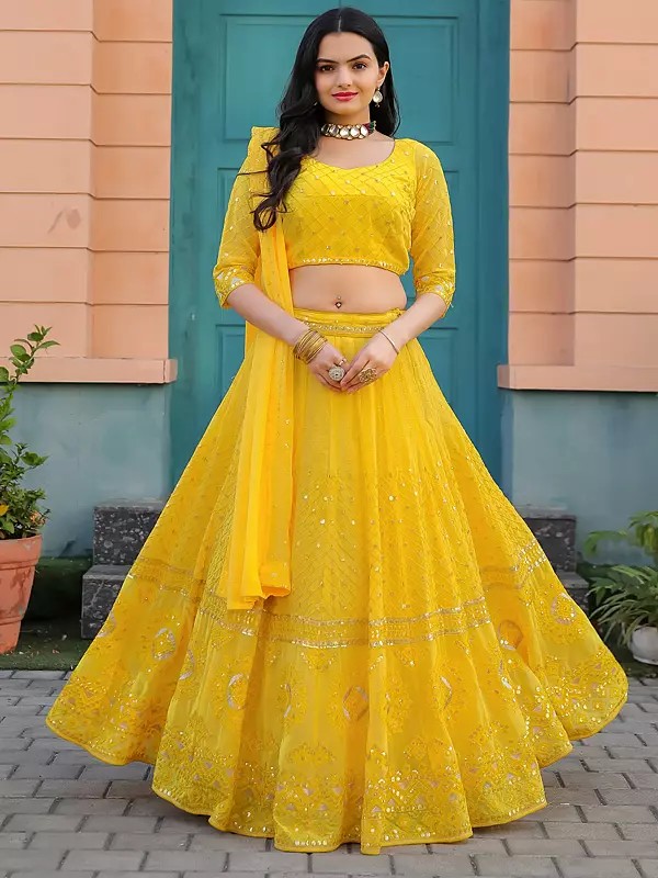 Lightning-Yellow Faux Georgette Thread Embroidery And Mirror Style Sequence Work A Line Lehenga Choli And Designer Dupatta